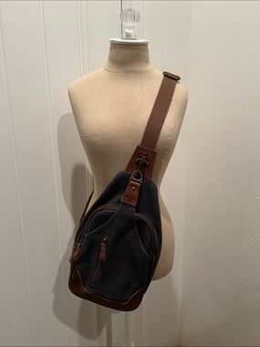 KL928 Gray Crossbody Sling Bag with Brown Leather Trim